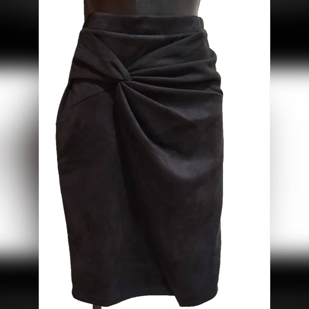 Iris Black Midi Wrap Skirt with Ruched Tie Front Sz S